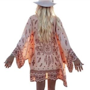 Western Skull Tribe Spell Tribal Kimono Shawl Wrap Cover Up Size L